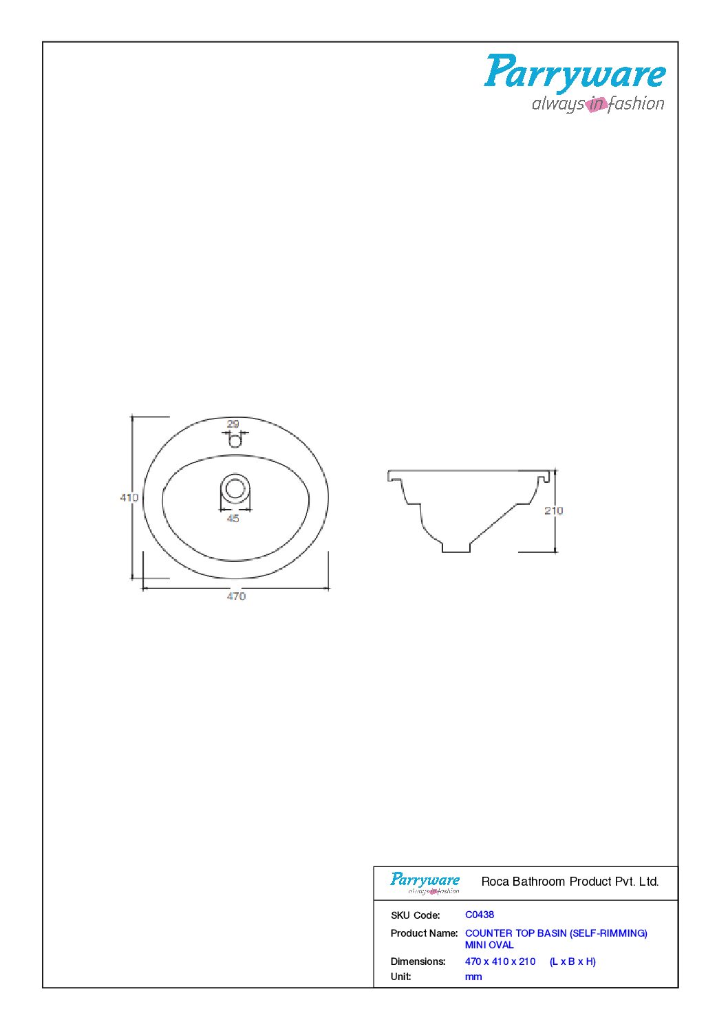 MINI OVAL Counter Top Basin - Parryware - Image 2